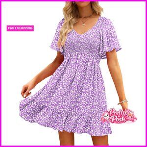 Floral Smocked V Neck Flutter Sleeve Sundress with Pockets
